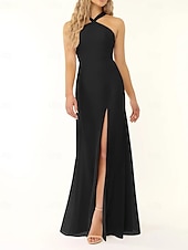 baratos Vestidos para Madrinhas-Vestido de dama de honra sereia/trompete, decote halter, sem mangas, elegante, longo, chiffon, com fenda frontal 2025