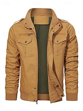 cheap Cargo Jackets-Men&#039;s Trucker Jacket Cargo Jacket Casual Jacket Vacation Daily Pocket Spring Fall Plain Fashion Classic Stand Collar Regular Black Khaki Army Green Jacket