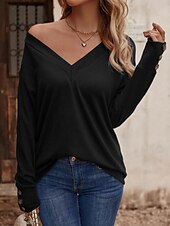 billige Plain t-skjorte-Dame Bluse Helfarge Stilfull Fritid Langermet V-hals Vanlige topper Daglig Knapper Svart Hvit Vin Militærgrønn Navyblå Sommer Vår