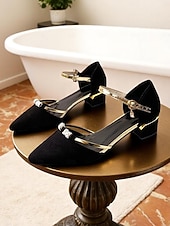 cheap Block Heel Pumps-Women's Black Suede Block Heel Dress Shoes with Gold Ankle Straps, Rhinestone Buckle for Daily Date, Casual Office, Romantic Evenings