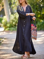preiswerte Weißes Kleid-Damen Maxikleid A Linie Kleid Sommerkleid Lässig Täglich Normale Passform Einfach Langarm V Ausschnitt Schwarz Weiß Braun Grau Sommer