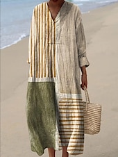 economico Abiti a Strisce e Geometrici-Per donna Abito Midi Vestito Estivo Abito a trapezio Vacanza Casual Boho Uscire Spiaggia Grafico Geometrico A righe Manica Lunga Scollo a V Rosso arancione Nero Giallo Rosa Estate Primavera