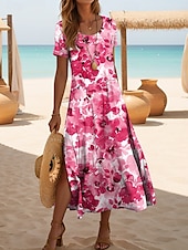 preiswerte Blumenkleider-Damen Midikleid Sommerkleid A Linie Kleid Urlaub Lässig Strand Täglich Ausgehen Normale Passform Blumen Grafik Kurzarm Rundhalsausschnitt Gelb Rosa Blau Purpur Sommer