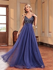 economico BLU-Abiti per Quinceanera A-Line elegante abito formale per matrimonio lunghezza del pavimento senza maniche scollo a V tulle con schiena a V e paillettes