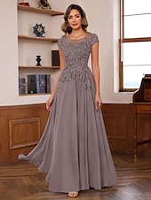 cheap Floor Length-Blue Red A-Line Mother of the Bride Dress Elegant Luxurious Boat Neck Floor Length Chiffon Lace Short Sleeve with Tier Cascading Ruffles 2025