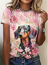 abordables T-shirt Animaux-Femmes T-shirt Graphique Animal Chat ancien Élégant Classique Manche Courte Col ras du cou Hauts Réguliers Quotidien Week-end Imprimé Blanche Rose Claire Violet Kaki Été Printemps
