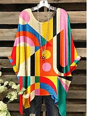 olcso Női csíkos és geometriai felsők-Női Boho ing Grafika Mértani Elegáns Csehország Szüret Rövid ujjú Denevérujj Terített nyak Normál felsők Napi Szabadság Strandruházat Nyomtatott Farmer kék Világosbarna Medence Narancssárga Szivárvány