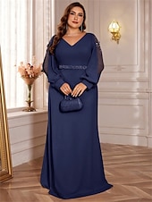 preiswerte BLAU-A-Linien Plus Size Kleider Elegantes Kurvenkleid Formelles Hochzeitsbodenlänges Langärmel V-Ausschnitt Chiffon mit Perlen 2025