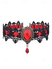 abordables Collier pour femme-Collier ras du cou gothique en dentelle pour femme avec pendentif en pierre rouge, bijou vintage en velours noir pour fête d&#039;Halloween et cosplay costumé