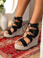cheap Vacation Sandals-Women&#039;s Black Lace-Up Wedge Sandals with Espadrille Platform – Summer Casual Peep Toe Shoes for Beach Vacations, Outdoor Parties, and Daily Wear