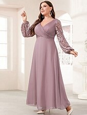 abordables Rose-Ligne A Robe de Soirée Élégant Robe Formel Mariage Longueur au sol manche longue Col en V Chiffon avec Imprimé floral 2025