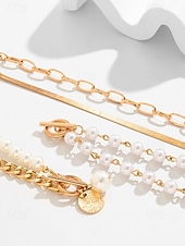 お買い得  結婚 ACC-レディースゴールドチェーンとパールブレスレットセット、ファッショントグルクラスプジュエリー、女の子と女性のためのエレガントなレイヤードスタイル、パーティー、結婚式、オフィス、普段使いに最適