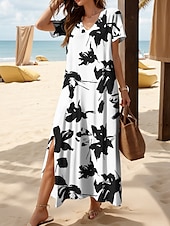abordables Robes fleuries-Femmes Robe maxi Robe Décontractée Robe d&#039;Été Robe trapèze Vacances Occasionnel Plage Coupe régulière Fleuri Graphique Manche Courte Col en V Noir Blanche Rouge Bleu Été Printemps
