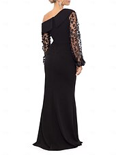 abordables NOIR-Sirène / Trompette Robe de Soirée Élégant Robe Formel Mariage Longueur au sol manche longue Une Épaule Détachable Crêpe Extensible avec Perlage 2025