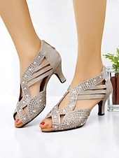cheap Latin Shoes-Women&#039;s Rhinestone Peep Toe Mid Heel Dance Shoes with Glitter Mesh Upper for Latin Ballroom and Salsa Performances