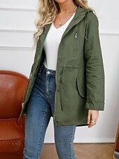abordables Manteaux &amp; trenchs-Femmes Trench Chaud Confortable Fermeture éclair Avec Poches Mode Extérieur Uni Sortir Week-end Fermeture éclair Régulier À capuche Coupe régulière manche longue Vêtements d&#039;extérieur Noir Blanche