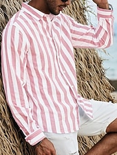 preiswerte Herrenhemd zum Knöpfen-Herren Hemd Sommerhemd Strandbekleidung Knopfhemd Hellrosa Schwarz Rosa Himmelblau Dunkelgrau Langarm Gestreift Kragen Urlaub Kreuzfahrt Bekleidung Mode Freizeit Hawaiihemd