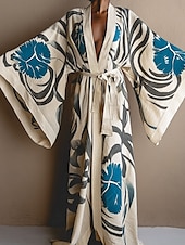 levne Boho šaty-Dámské dlouhé šaty maxi šaty boho šaty ležérní šaty swingové šaty prázdninové šaty módní moderní denní prázdninové plážové šaty regular střih květinový vzor s dlouhým rukávem výstřih do V vínově červená tmavě modrá královská modrá léto jaro