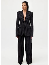 cheap Mom&#039;s Pant Suits-Women&#039;s Strip Suits Two Piece Mother of the Bride Wedding Pant suits  Elegant Vintage Shirt Collar Floor Length Polyester Long Sleeve