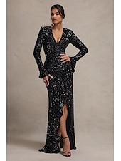 abordables NOIR-Robe de soirée sirène  trompette paillettes extensibles élégante robe de mariage formelle longueur sol manches longues encolure carrée étincelante avec volants et fente
