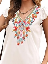 cheap Boho Dress-Women&#039;s Mini Dress Casual Dress Fashion Modern Elegant Dress Cap Sleeve Wedding Daily Date Regular Fit Floral Embroidery Sleeveless V Neck Black White Orange Summer