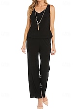 abordables Trajes de pantalón de mamá-Mono  Traje de Pantalón de 3 Piezas Traje de la Madre de la Novia Traje Elegante Vintage Simple Cuello en V Largo hasta el Tobillo Chiffón Elástico con Manga Corta y Apliques Bordados con Lentejuelas
