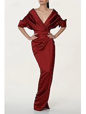 economico Lunghezza del pavimento-Abito da sposa a sirena/tromba, elegante, semplice e minimalista, con scollo a V, colletto a trapezio, lunghezza al pavimento, in raso elasticizzato, mezza manica, con dettagli arricciati e spacco