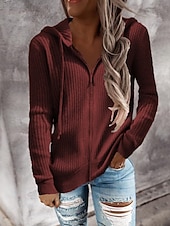 economico Colori solidi-Per donna Felpa Cardigan Elegante Moda Streetwear Tinta unica Con Cappuccio Cerniera Lavorato a maglia Manica Lunga Top Regolari Maglia All&#039;aperto Quotidiano Weekend Nero Bianco Autunno Inverno