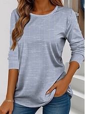preiswerte Streifen- und geometrisches T-Shirt-Damen T Shirt Gestreift Basic Langarm Rundhalsausschnitt Normale Oberteile Täglich Wochenende Bedruckt Rosa Blau Grün Grau Herbst Winter