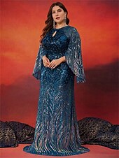 abordables BLEU-Robe Sirène  Trompette Grande Taille Élégante Robe Courbée Formelle Mariage Longue Traîne Manches Longues Col Arrondi en Polyester avec Fente 2025