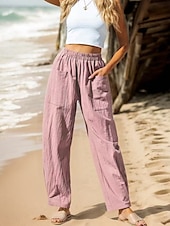 preiswerte Schlichte Hose aus Baumwollleinen-Damen Hose aus Baumwollleinen Basic Volle Länge Hohe Taille Einfach Tasche Komfort Außenbereich Mikroelastisch Urlaub Straße Lässig Schwarz Rosa Wein Marineblau Sommer Frühling Herbst Lässiger Schnitt