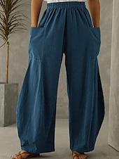 abordables Pantalon uni en coton et lin-Femmes Pantalon en coton et lin Culottes Jambe Large Jambe large Mode Occasionnel Longueur complète Taille Moyenne Uni Taille Élastique Respirant Confortable Micro-Élastique Rue Tenue quotidienne