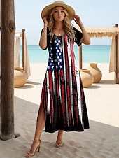 olcso Függetlenség napi ruha-Függetlenség Napja Női Hazafias Negyedik Juliusi Maxi Ruha Hosszú Ujjú Boho Ruha Elegáns Vintage Pillangó Ujjú Üdülés Tengerpart Rendszeres Illeszkedés Zászló Vintage Rövid Ujjú Csónak Nyakú Kék Nyár