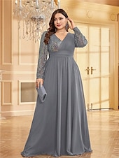 cheap BLUE-A-Line Plus Size Dresses Elegant Curve Dress Formal Wedding Floor Length Long Sleeve V Neck Chiffon with Sequin