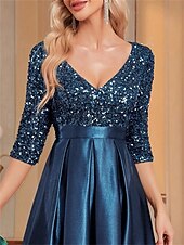 cheap BLACK-A-Line Quinceanera Dresses Elegant Dress Formal Wedding Floor Length Long Sleeve V Neck Polyester with Sequin