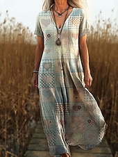 cheap Boho Dress-Women&#039;s Maxi Dress Sundress A Line Dress Vacation Casual Boho Going out Regular Fit Floral Graphic Paisley Short Sleeve V Neck Pink Blue Green Dark Blue Summer Spring