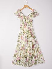 baratos Vestidos Florais Elegantes-Feminino Vestido de chiffon Vestido Longo Amarelo Verão Decote Princesa Elegante Férias Moda S M L
