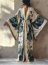 levne Boho šaty-Dámské dlouhé šaty maxi šaty boho šaty ležérní šaty swingové šaty prázdninové šaty módní moderní denní prázdninové plážové šaty regular střih květinový vzor s dlouhým rukávem výstřih do V vínově červená tmavě modrá královská modrá léto jaro