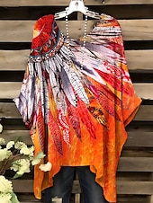 olcso Női Boho Felsők-Női Blúz Grafika Mértani Elegáns Szüret Napi Rövid ujjú Denevérujj Terített nyak Normál felsők Napi Szabadság Strandruházat Rubin Medence Narancssárga Nyár Tavasz