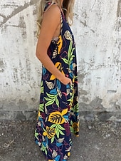 abordables Robes fleuries-Femmes Robe maxi Robe trapèze Robe Nuisette Vacances Occasionnel Boho Extérieur Sortir Coupe régulière Fleuri Sans manches Col en V Bleu Abricot Beige Été