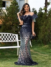 ieftine albastru-Trompetă / Sirenă Rochii de Quinceanera Elegant Rochie Oficial Nuntă Lungime Podea Manșon scurt De Pe Umăr Polyester Fără Spate cu Paiete Volane 2025