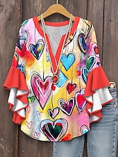 cheap Art&amp;Design Tops-Women&#039;s Blouse Heart Graphic Bohemia Vintage Daily 3/4 Length Sleeve V Neck Regular Tops Daily Holiday Print Red Blue Purple Green Summer Spring Fall