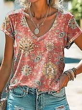 ieftine tricou boho-Pentru femei Tricou Floral Grafic Imprimeu Paisley Epocă Stilat Clasic Manșon scurt În V Topuri obișnuite Zilnic Imprimeu Negru Galben Roz Îmbujorat Roșu-aprins Mov Vară Primăvară