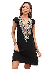 ieftine Rochii Boho-Pentru femei Rochie Mini Rochie casual Modă Modern Rochie eleganta Beretă Nuntă Zilnic Dată Fit regulat Floral Broderie Fără manșon În V Negru Roșu-aprins Mov Vară