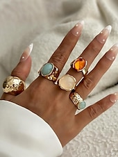 billige Kvinneringer-Damesett med vintage edelstener i gull – sett med flere statement-ringer med klumpete tekstur og fargerike harpiks-edelstener, egnet for kontor, vintage-mote, fest og hverdagsstil