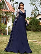 voordelige BLAUW-A-Lijn Quinceañera Jurken Elegante Jurk Formele Bruiloft Vloer Lengte Halve Mouwen V-hals Polyester Met Slits