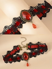 abordables Collier pour femme-Collier ras du cou gothique en dentelle pour femme avec pendentif en pierre rouge, bijou vintage en velours noir pour fête d&#039;Halloween et cosplay costumé