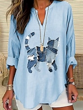 preiswerte Kunst &amp; Design Blusen-Damen Bluse Leinenoptik Atmungsaktiv Leicht Tunika V-Ausschnitt Langarm Boho Lässig Sommer Tops Grafik Tier Katze Vintage Tropisch Reguläre Tops Alltag Druck Schwarz Weiß Blau Himmelblau