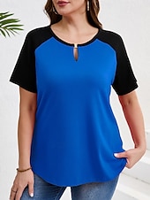 cheap Plus Size T Shirts-Women&#039;s Plus Size Tops T Shirt Solid Color Patchwork Short Sleeve V Neck Casual Daily Polyester Summer Spring Red Blue