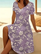 preiswerte Blumenkleider-Damen Midikleid T-Shirt-Kleid Sommerkleid A Linie Kleid Urlaub Lässig Strand Ausgehen Strand Normale Passform Blumen Grafik Kurzarm V Ausschnitt Graues Rosa Hellgrün Blau Purpur Sommer Frühling